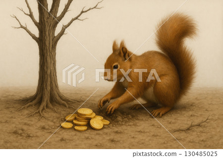 A squirrel hides gold coins under a tree. 130485025