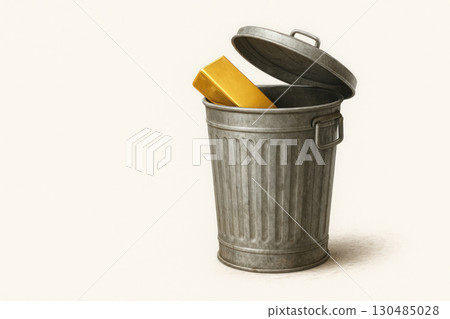 A trash can with a gold bar inside. Space for text. A trash can with a gold bar inside. Space for text. 130485028