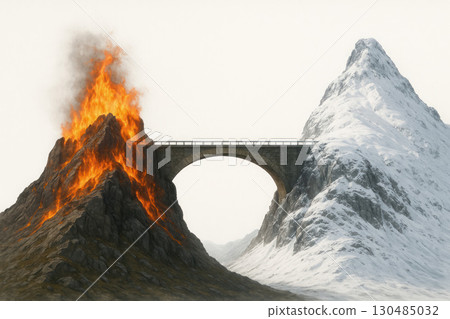 A bridge connects a burning volcano and a snowy mountain. A bridge connects a burning volcano and a snowy mountain. 130485032