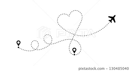 Airplane flight route with start point and dash line. Heart shaped flight path a romantic journey. Airplane flight route with start point and dash line. Heart shaped flight path a romantic journey. 130485040