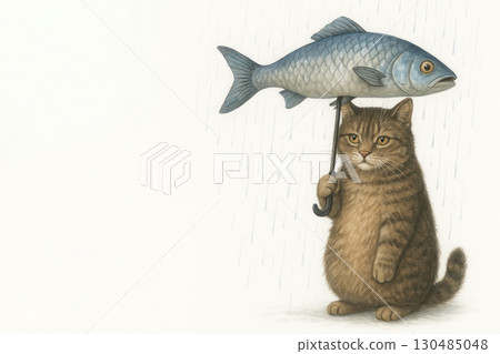 A cat in the rain with an umbrella in the form of a fish. Space for text. 130485048