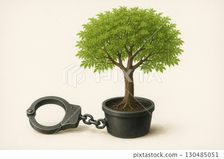 A tree in a pot is handcuffed. Space for text. A tree in a pot is handcuffed. Space for text. 130485051