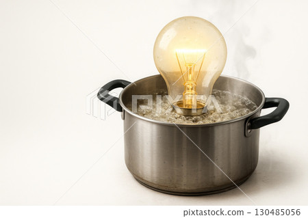 The light bulb is boiling in a saucepan. Space for text. 130485056
