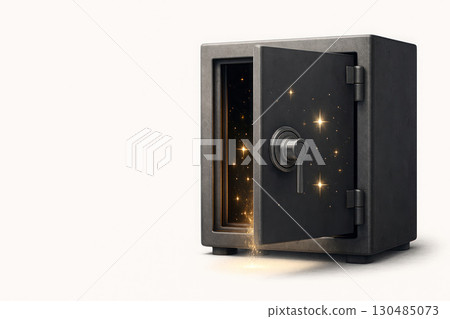An open safe with shining golden stars inside on a light background. Space for text. 130485073