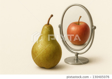 The pear looks in the mirror and sees an apple. Space for text. 130485076