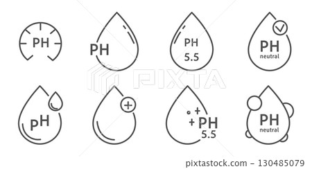 Ph icon, line simple set. Neutral balance skin, thin line web symbol. Drop with PH symbol. certified, tested products for skin, hair and food. Healthcare cosmetic natural  130485079