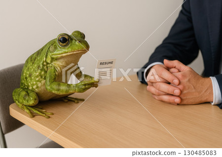 A frog holds a resume at an interview. 130485083