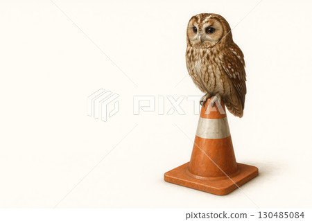 An owl sitting on a traffic cone. Space for text. 130485084