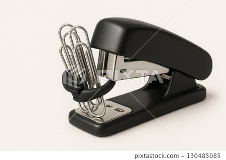 Stapler hugging paper clips on a lighter background. 130485085