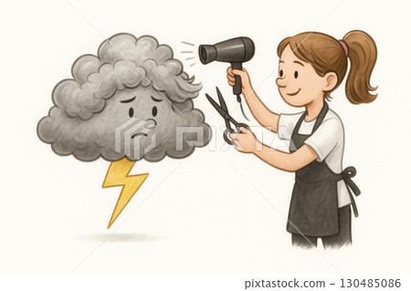 A hairdresser girl cuts a sad thundercloud. A hairdresser girl cuts a sad thundercloud. 130485086