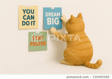 A ginger cat hangs motivational posters on the wall. 130485089