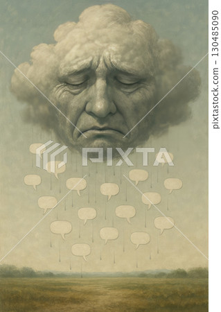 A cloud with a sad face is crying with speech bubbles. 130485090