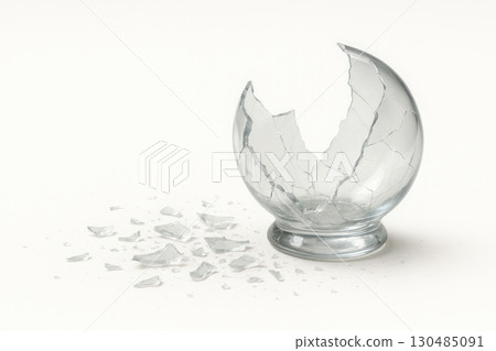A broken glass ball on a light background. Space for text. 130485091