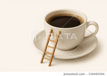 A cup of coffee with a ladder attached to it. Space for text. 130485094