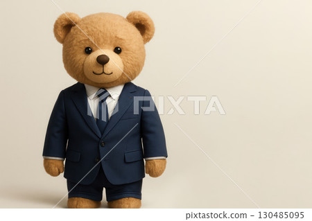 Teddy bear in a business suit on a light background. Space for text. 130485095