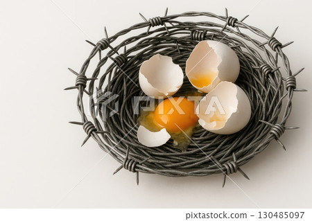 Broken eggs in a barbed wire nest on a light background. Broken eggs in a barbed wire nest on a light background. 130485097