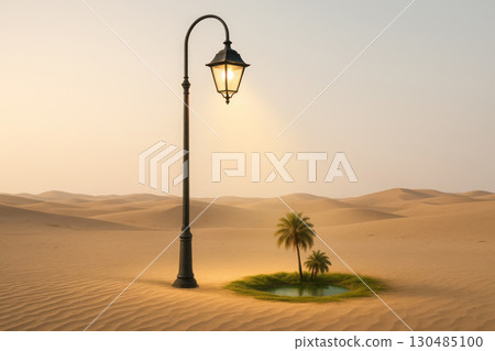 A lantern illuminates an oasis in the desert. A lantern illuminates an oasis in the desert. 130485100