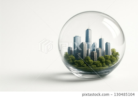 A city in a glass ball among the trees. Space for text. A city in a glass ball among the trees. Space for text. 130485104
