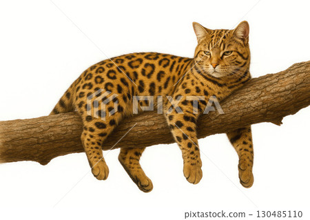 Wild cat with spots resting on a tree, white background. Wild cat with spots resting on a tree, white background. 130485110