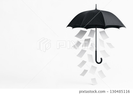 A black umbrella from which sheets of paper fall instead of rain, on a white background. Space for text. 130485116