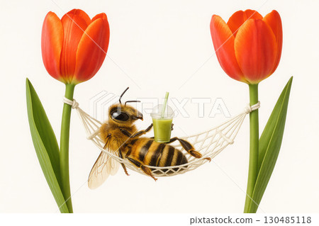 The bee lies in a hammock between the tulips and drinks smoothies. 130485118