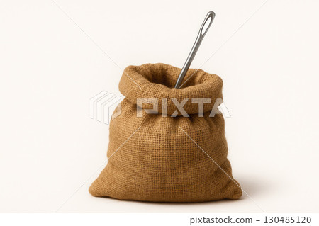 Burlap bag with a needle on a light background. 130485120