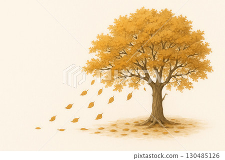 An autumn tree with falling leaves. Space for text. 130485126