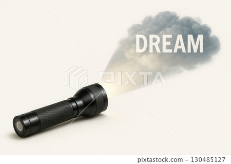 A flashlight that projects the word DREAM onto a cloud. Space for text. 130485127