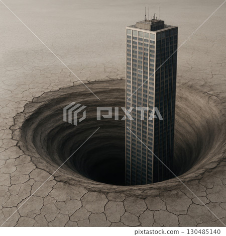 A high-rise building that goes into a deep sinkhole in the dry earth. A high-rise building that goes into a deep sinkhole in the dry earth. 130485140