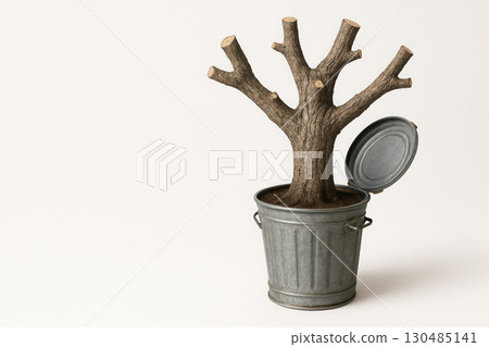Pruned tree in a trash can, the concept of nature loss. Space for text. Pruned tree in a trash can, the concept of nature loss. Space for text. 130485141