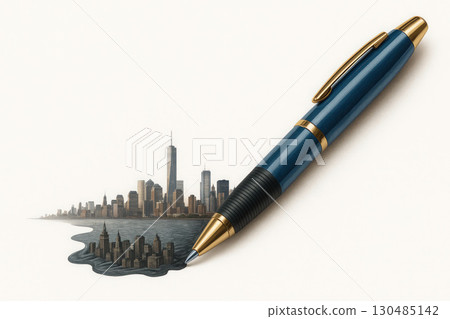 A pen draws a city out of ink. Space for text. A pen draws a city out of ink. Space for text. 130485142
