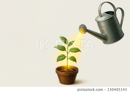 A potted houseplant watered with light from a watering can. Space for text. A potted houseplant watered with light from a watering can. Space for text. 130485143