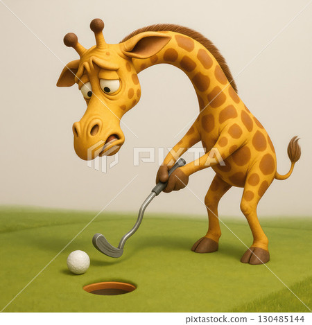 Sad giraffe playing golf, cartoon illustration. Sad giraffe playing golf, cartoon illustration. 130485144