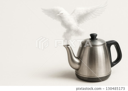 A kettle from which steam flies out in the form of a pigeon. Space for text. A kettle from which steam flies out in the form of a pigeon. Space for text. 130485173