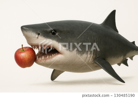 Shark with an apple in its mouth. 130485190