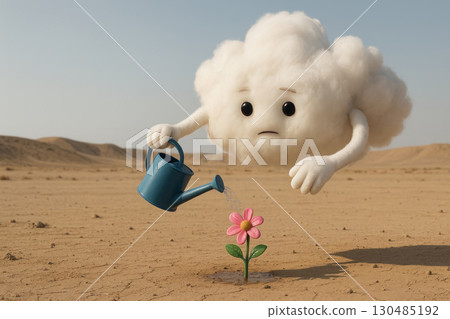 A sad cloud waters a flower in a desert area. 130485192