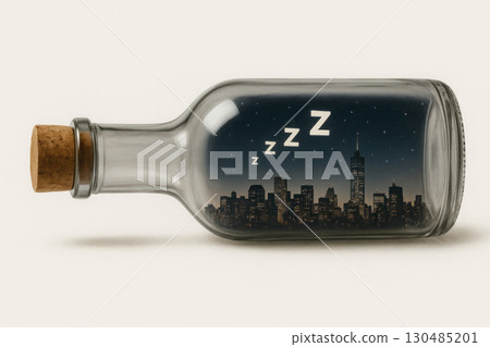 Sleeping city inside a bottle with a cork. 130485201
