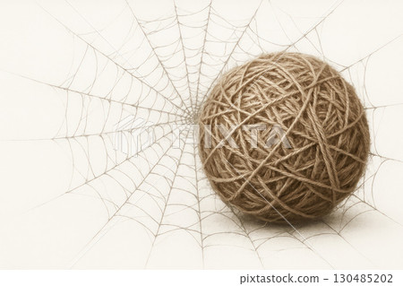 A ball of rope in a spider's web on a light background. Space for text. A ball of rope in a spider's web on a light background. Space for text. 130485202