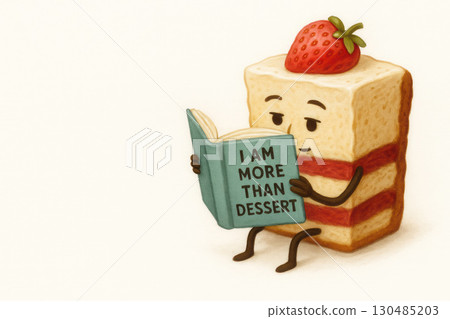 Strawberry Cake reads a book that says I'm More Than Dessert. Space for text. 130485203