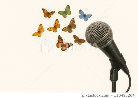 A microphone from which butterflies fly out. Space for text. A microphone from which butterflies fly out. Space for text. 130485204
