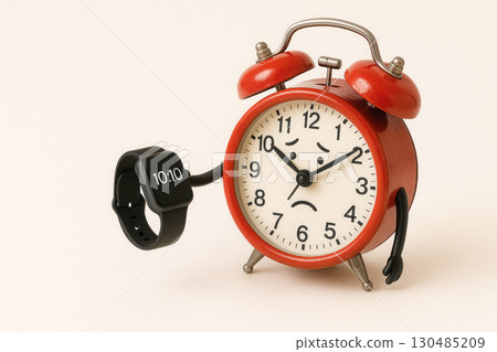The alarm clock looks at the smartwatch with a sad face. Space for text. 130485209