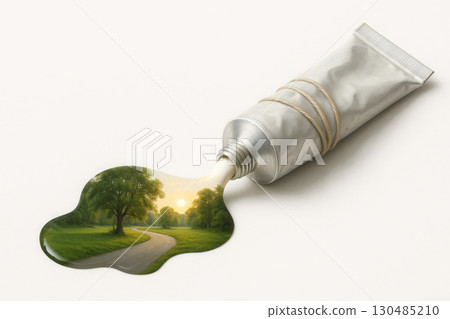 A tube from which the landscape flows. Space for text. 130485210