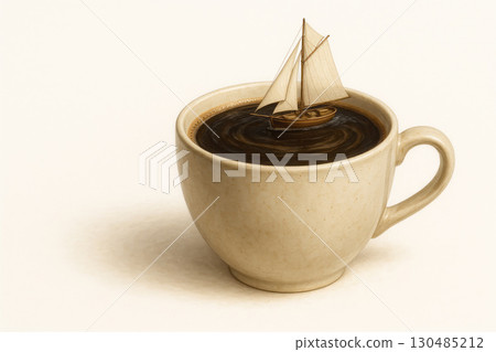 A ship sailing in a cup of coffee. Space for text. 130485212