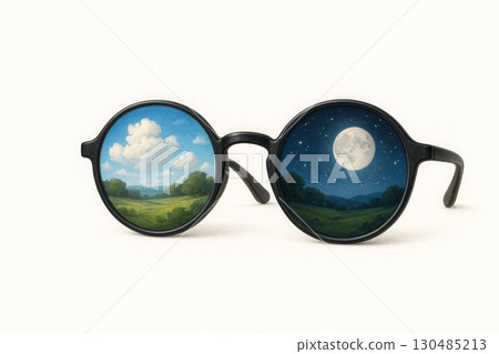 Glasses with day and night landscape in lenses. Glasses with day and night landscape in lenses. 130485213