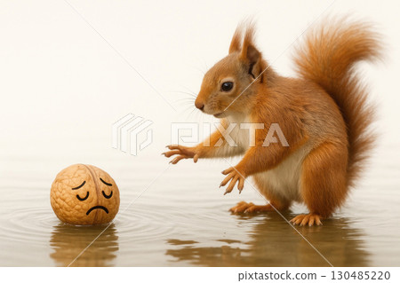 A squirrel in the water is trying to save a sad nut. 130485220
