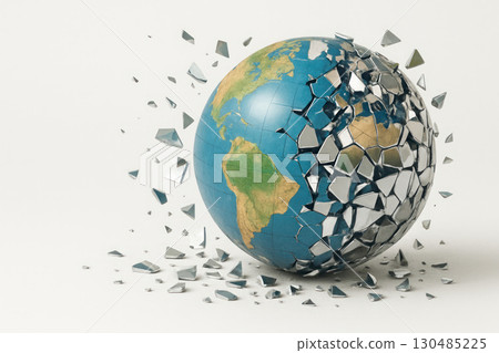 A globe that is shattering into fragments. Space for text. 130485225