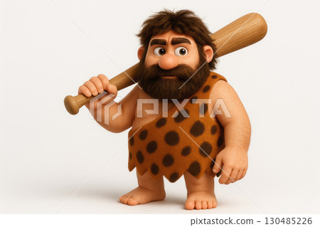 A prehistoric man with a baton on a light background. 130485226