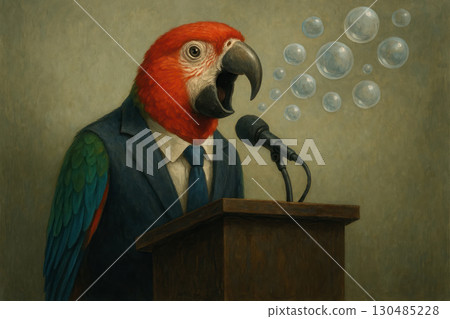 A parrot in a costume pronounces bubbles on the podium. A parrot in a costume pronounces bubbles on the podium. 130485228