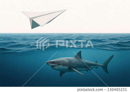 A paper airplane flies over a shark in the ocean. A paper airplane flies over a shark in the ocean. 130485231