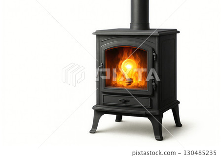 A stove in which a glowing light bulb burns. Space for text. A stove in which a glowing light bulb burns. Space for text. 130485235